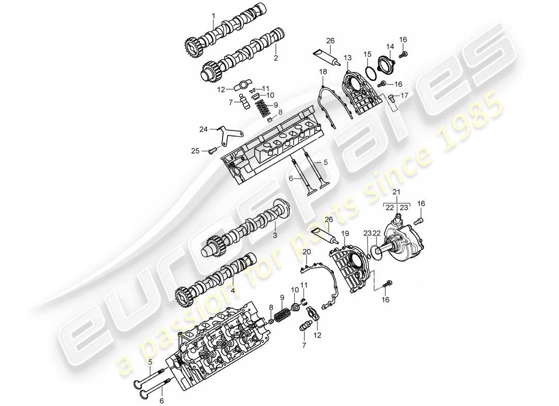 porsche 2010 (cayenne e1 9pa) albero a camme, valvole diagramma delle parti