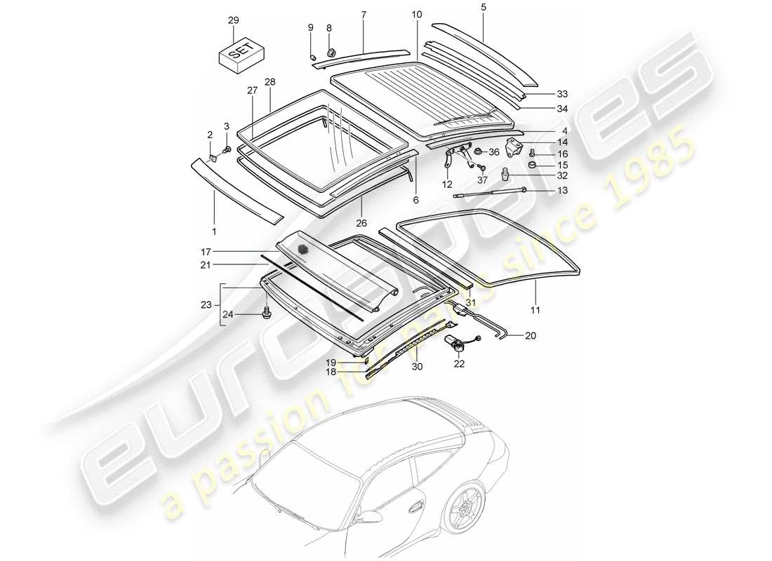 porsche 2012 (997-2) tetto di vetro diagramma delle parti