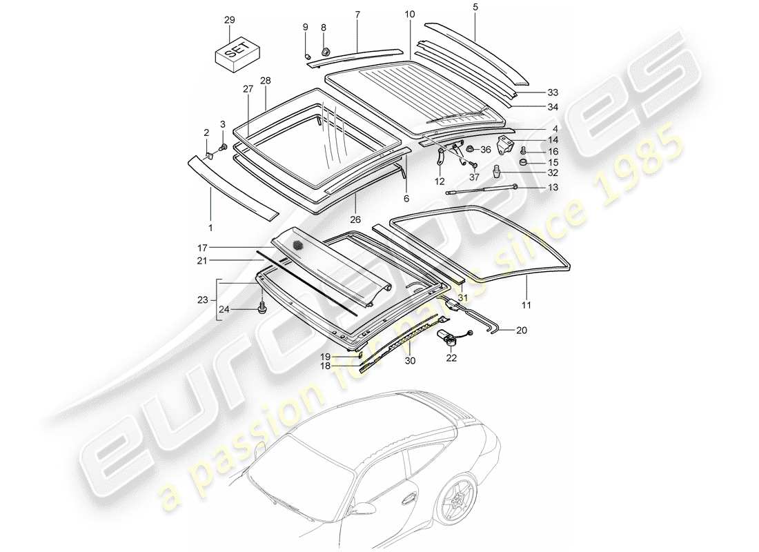 porsche 2007 (997-1) tetto di vetro diagramma delle parti