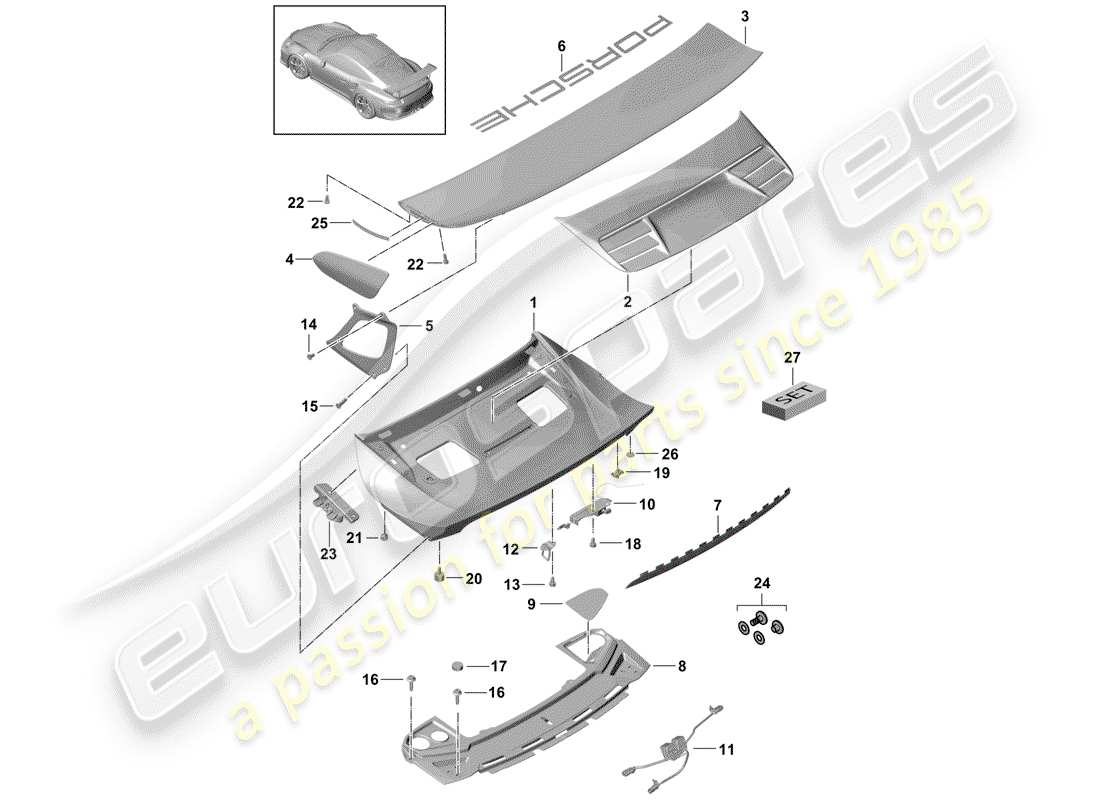 porsche 2016 (991-1 r/gt3/rs) coperchio baule posteriore diagramma delle parti