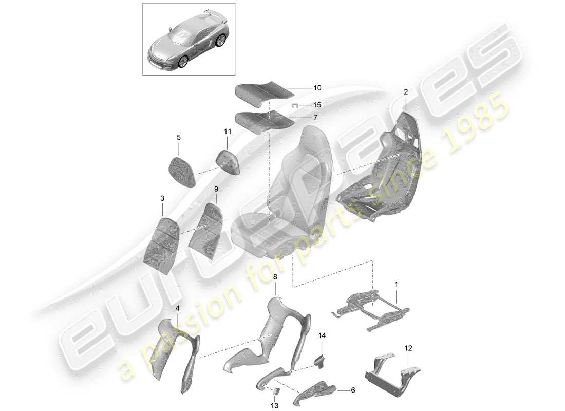 porsche 2016 (981 cayman gt4) diagramma delle parti del sedile