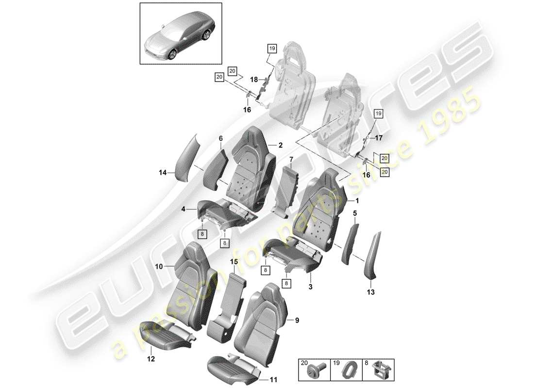 porsche 2018 (panamera 971-1) diagramma delle parti del sedile