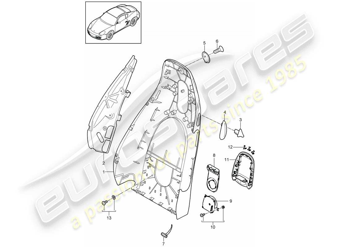 porsche 2009 (987 cayman) guscio dello schienale diagramma delle parti