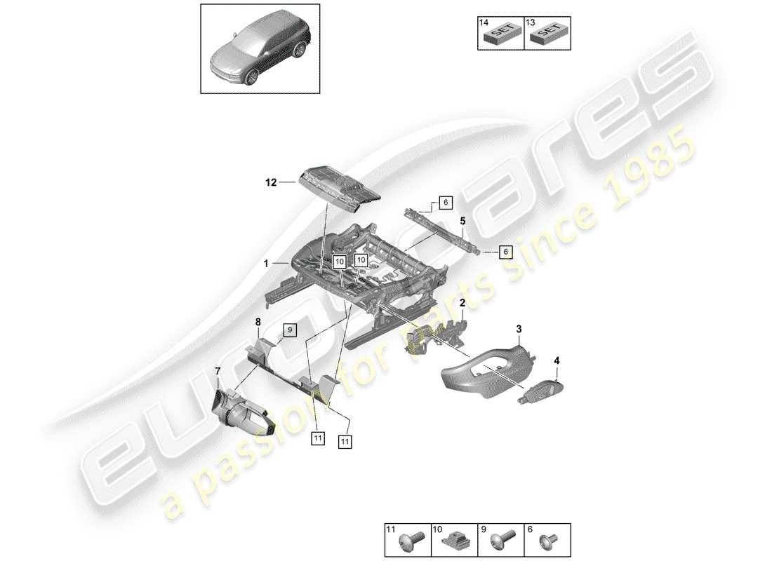 porsche 2018 (cayenne e3 9ya/9yb) telaio del sedile diagramma delle parti
