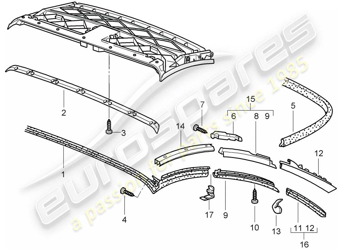 porsche 1999 (996) capote - striscia di tenuta diagramma delle parti