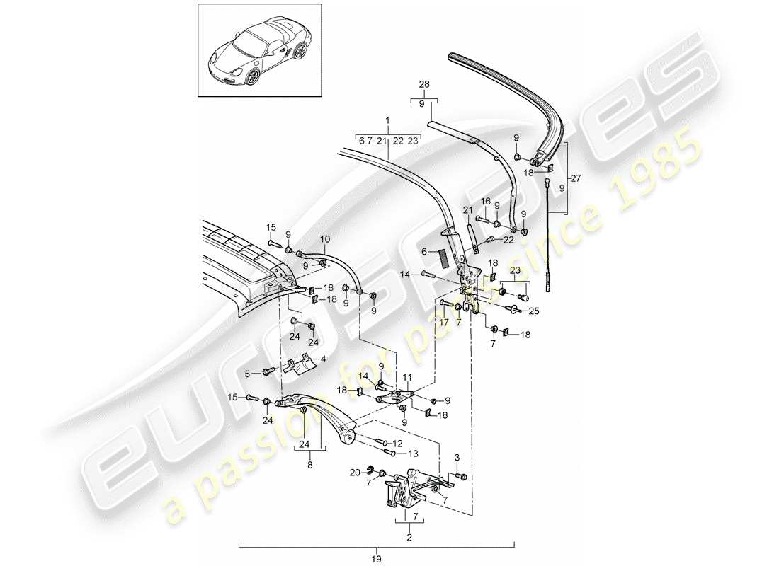 porsche 2008 (987 boxster) diagramma delle parti del telaio superiore