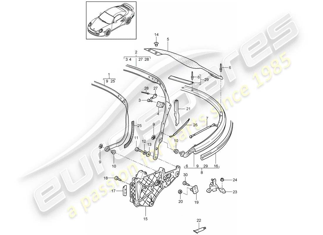 porsche 2009 997-2 turbo / gt2 diagramma delle parti del telaio superiore