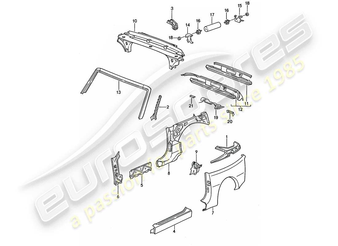 porsche 1990 (944) pannello laterale - telaio del parabrezza - piastra terminale schema parte