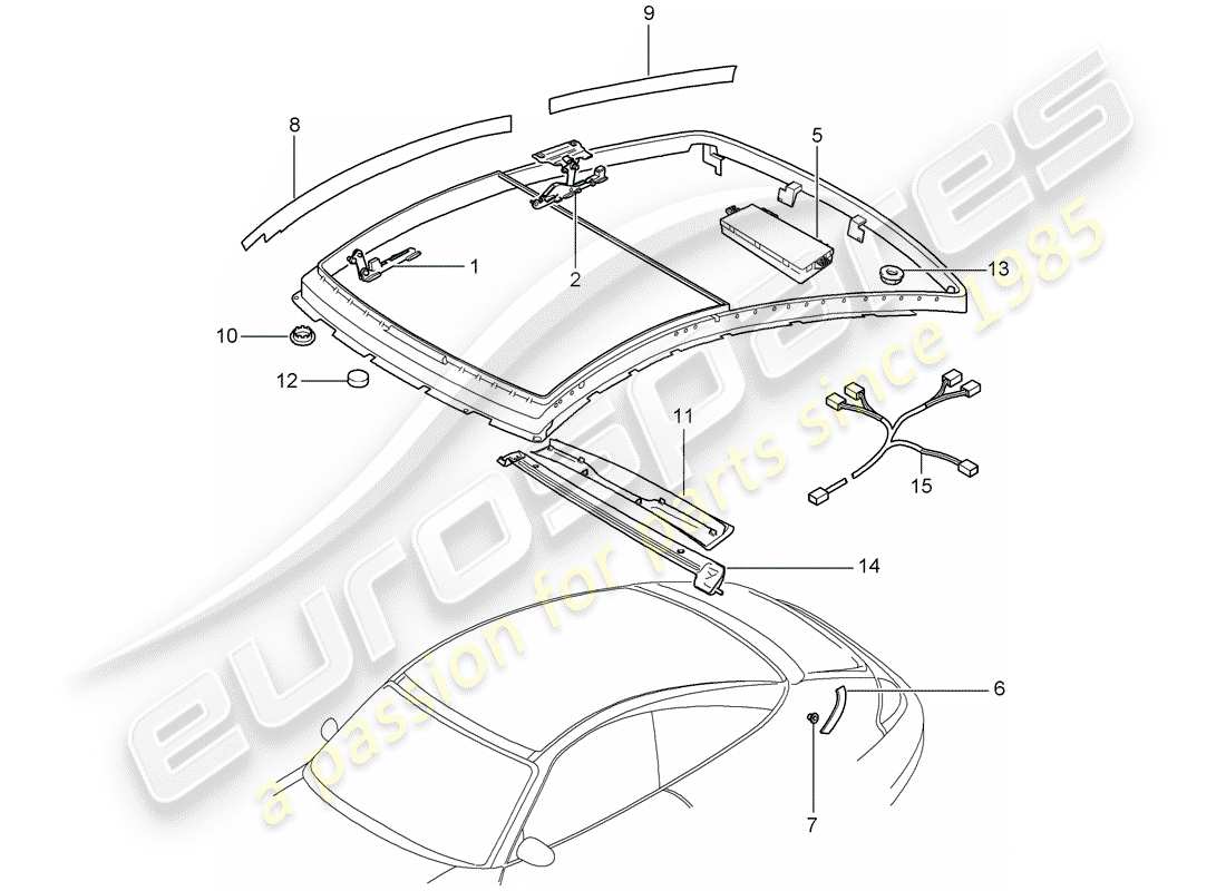 porsche 1999 (996) tetto in vetro - azionamento elettrico diagramma delle parti