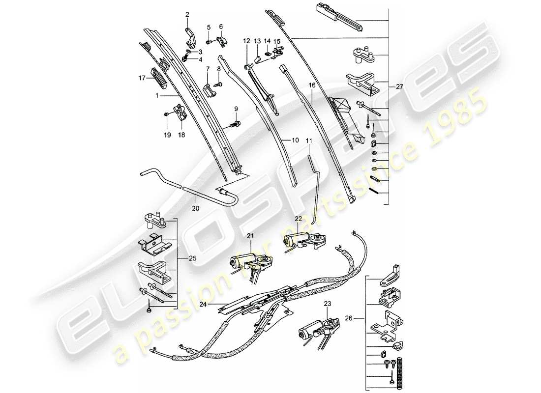 porsche 1996 (993) meccanismo di guida - tetto in vetro diagramma delle parti
