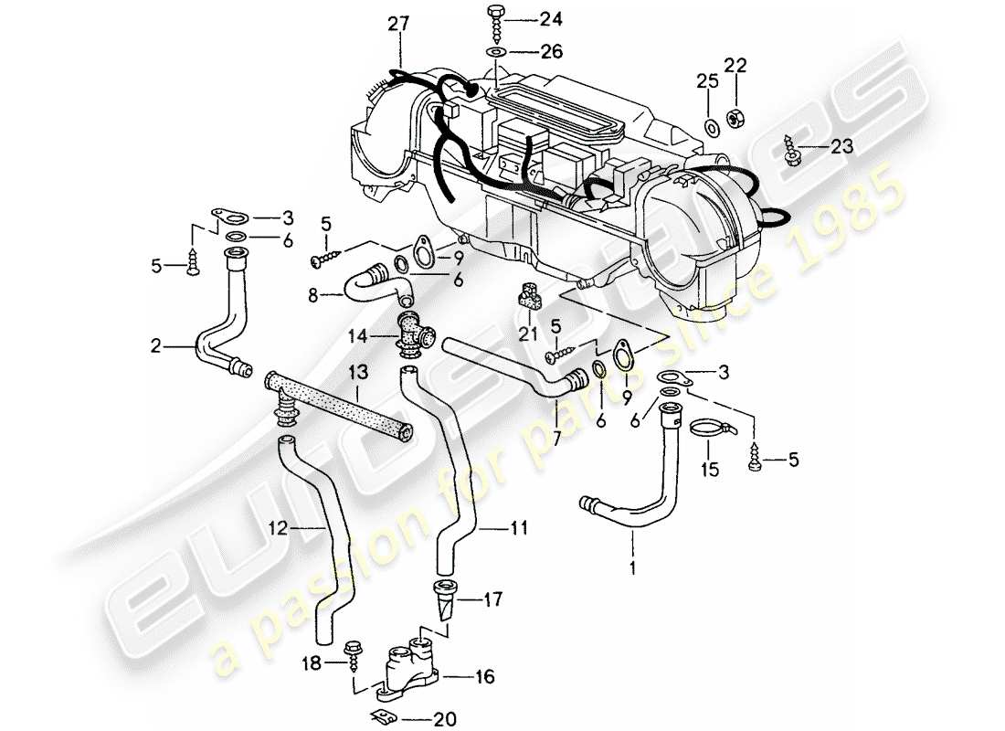 porsche 1996 (993) tubo di scarico acqua - montaggio - cablaggio - riscaldatore - condizionatore d'aria schema delle parti
