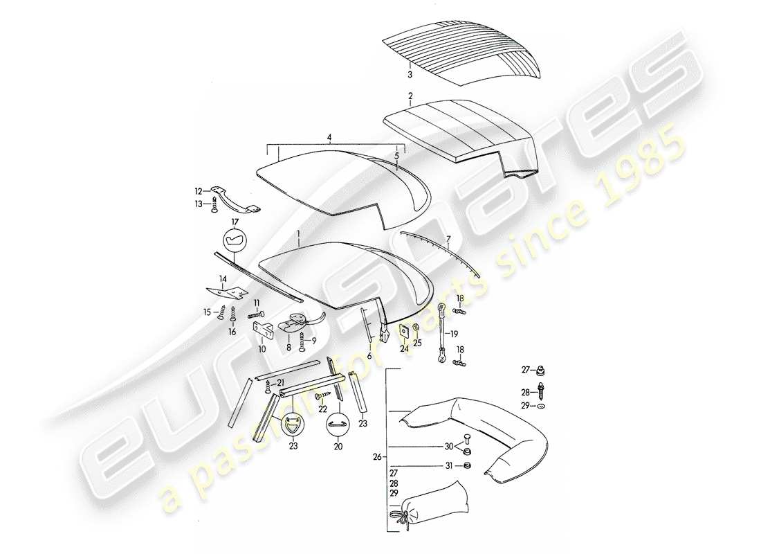 porsche 1963 (356b/356c) capote - e - copertura capote schema delle parti