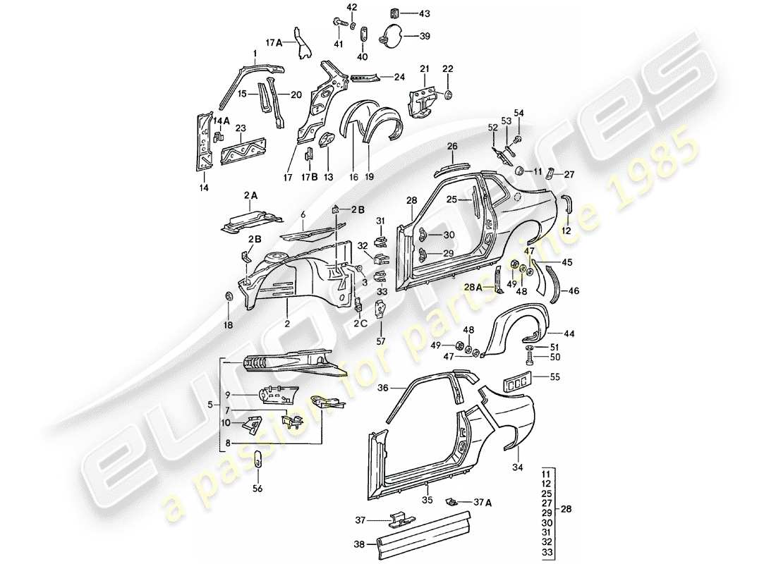 porsche 1982 (924) pannello laterale diagramma delle parti