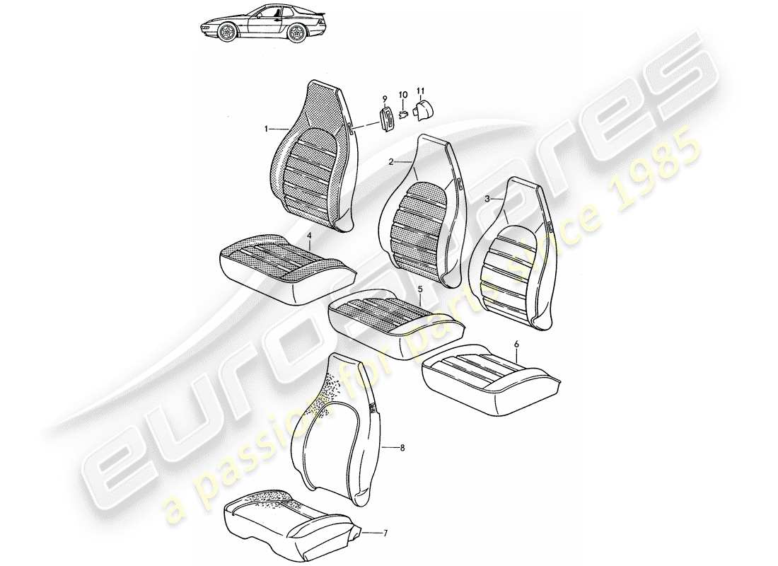 un diagramma delle parti dal catalogo delle parti porsche 1997 (seats for 944/968/911/928)