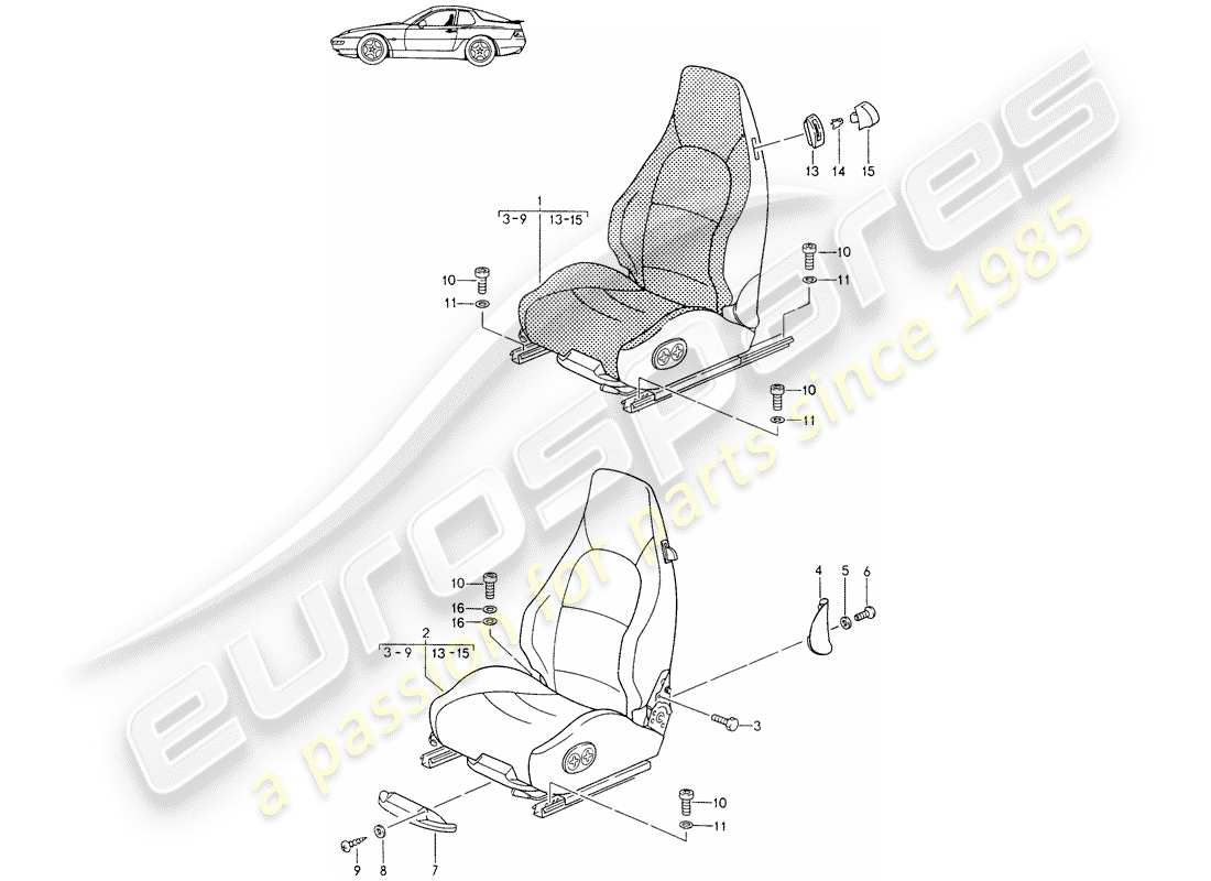un diagramma delle parti dal catalogo delle parti porsche 1997 (seats for 944/968/911/928)