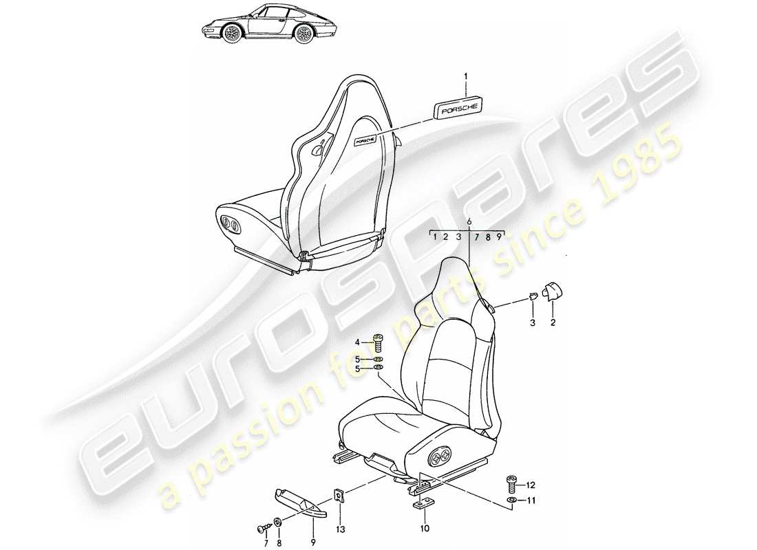 un diagramma delle parti dal catalogo delle parti porsche 1991 (seats for 944/968/911/928)