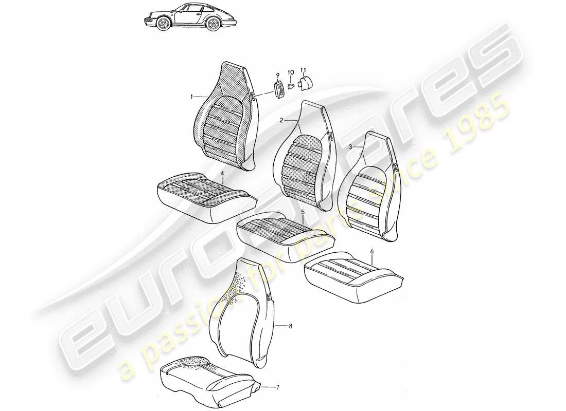 un diagramma delle parti dal catalogo delle parti porsche 1990 (seats for 944/968/911/928)