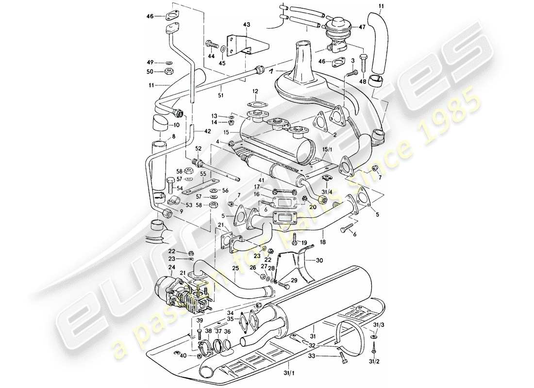 porsche 1977 (911 turbo) impianto di scarico diagramma delle parti