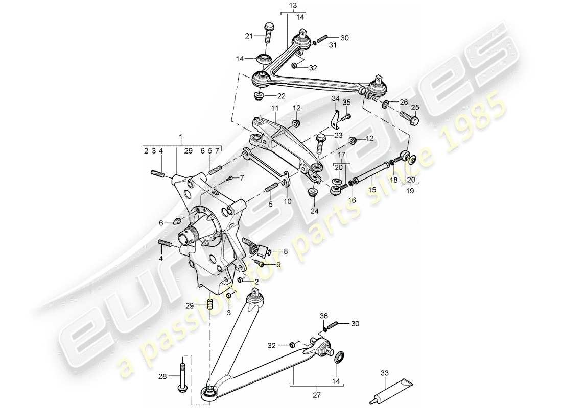 porsche 2005 (carrera gt) asse posteriore - supporto ruota - braccio oscillante - mozzo ruota schema particolare