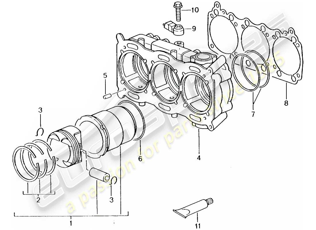 porsche 996 t/gt2 (2002) cilindro con pistoni - vedi manuale d'officina diagramma delle parti