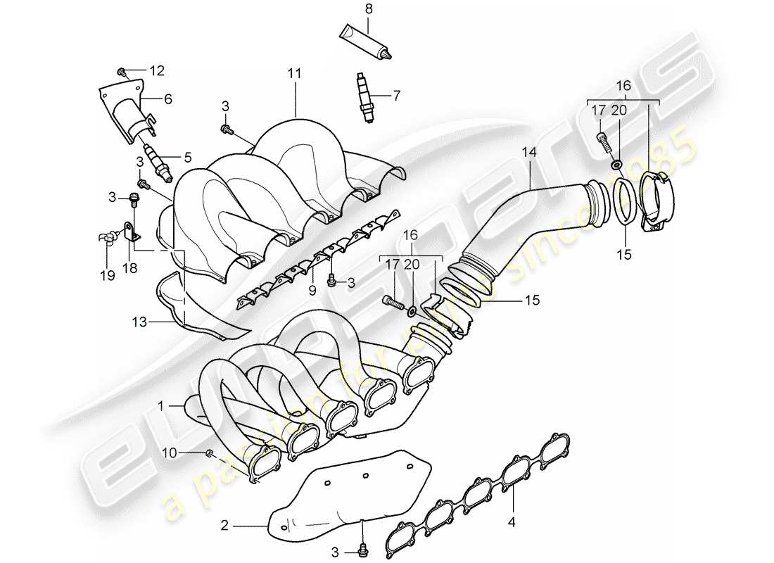 porsche carrera gt (2006) sistema di scarico - collettore di scarico - catalizzatore - cil. 1 - 5 diagramma delle parti