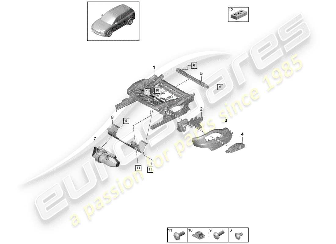 porsche 2018 (cayenne e3 9ya/9yb) telaio del sedile diagramma delle parti