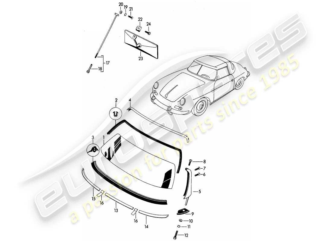 porsche 1962 (356b/356c) vetri della finestra diagramma delle parti