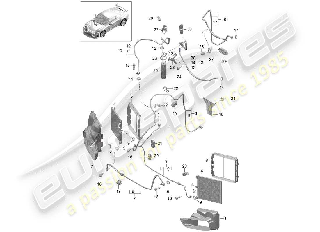 porsche 2016 (991-1 r/gt3/rs) circuito frigorifero diagramma delle parti