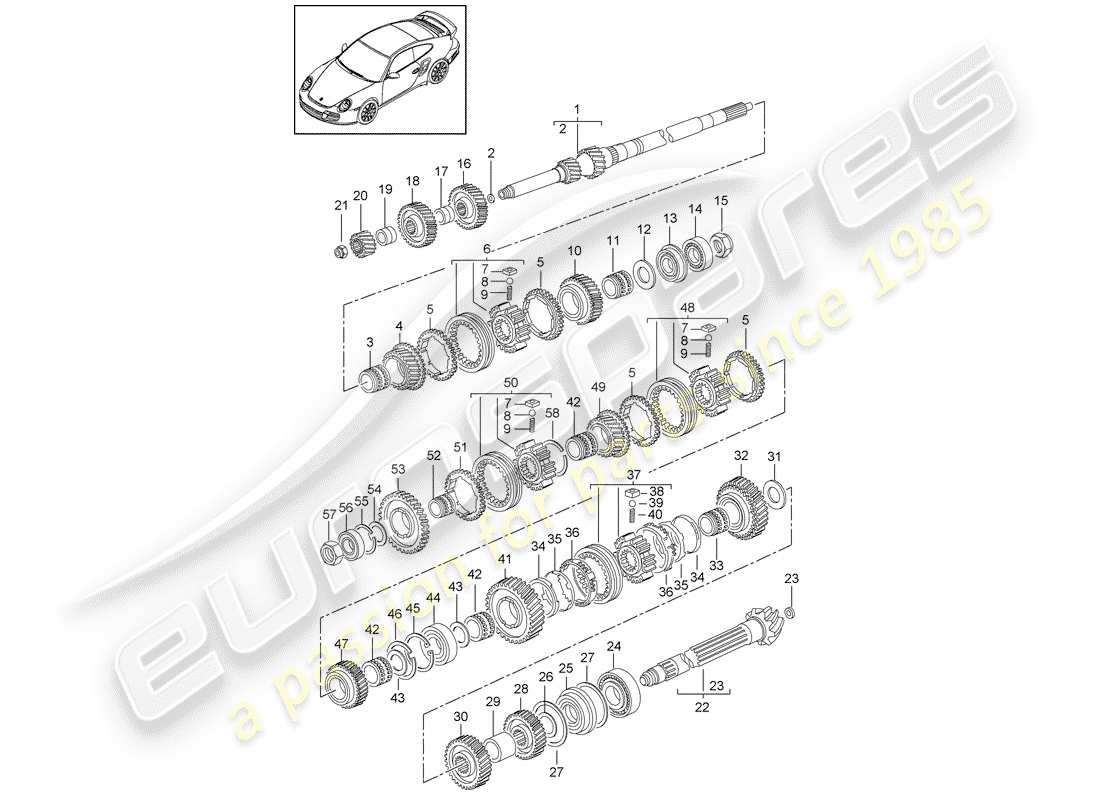 porsche 2011 (997-2 turbo / gt2 rs) ingranaggi e alberi schema delle parti
