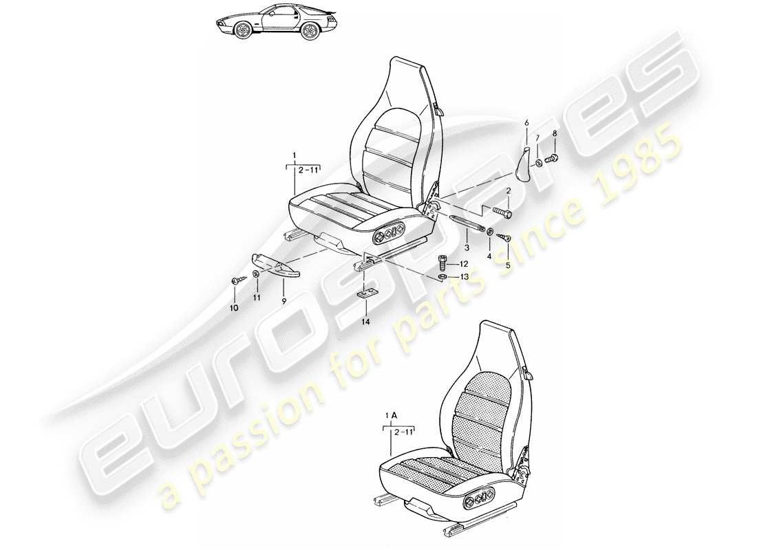 un diagramma delle parti dal catalogo delle parti porsche 1986 (seats for 944/968/911/928)