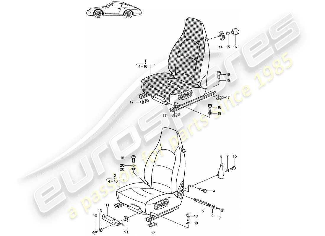 un diagramma delle parti dal catalogo delle parti porsche 1988 (seats for 944/968/911/928)