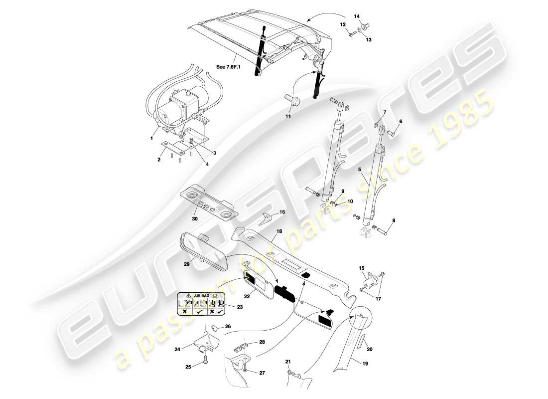 aston martin db7 vantage (2002) schema delle parti del tetto volante e del rivestimento superiore