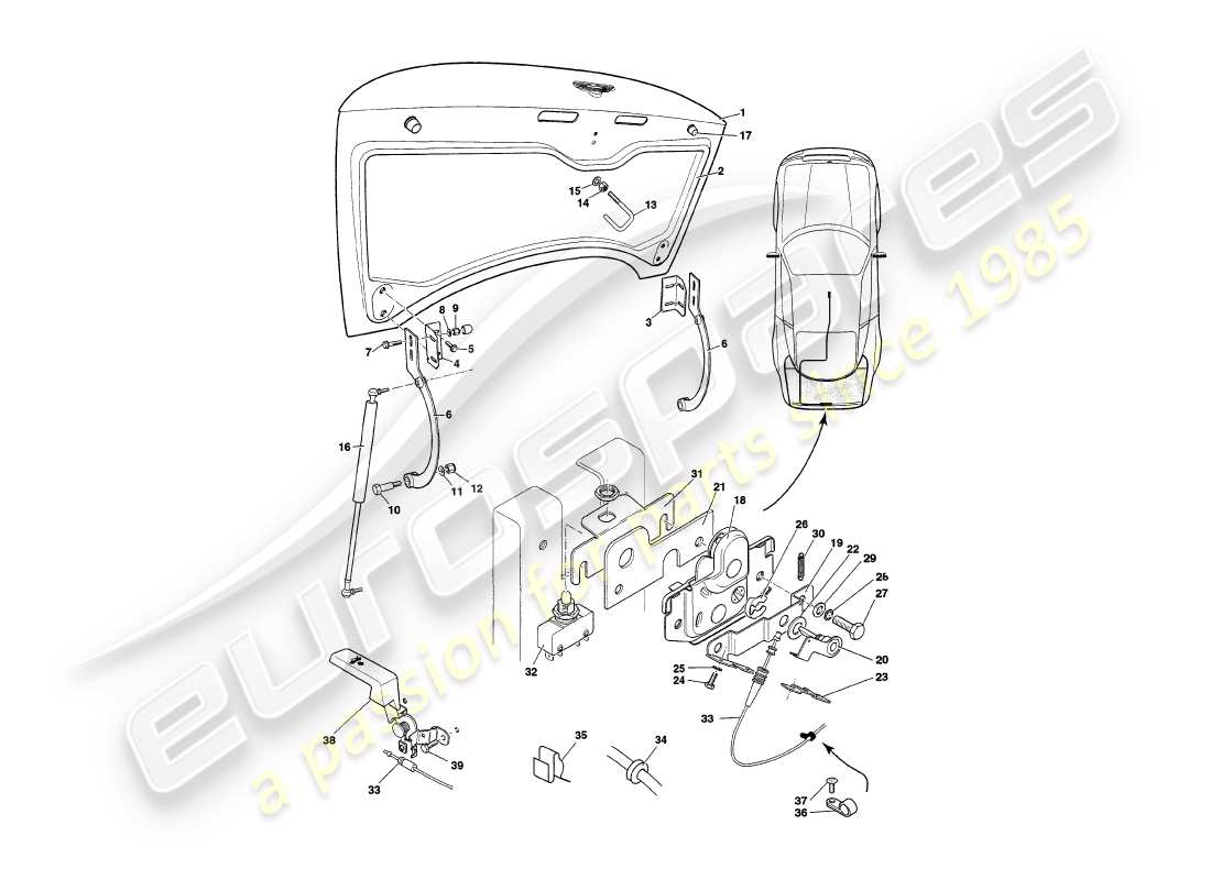 aston martin v8 coupe (2000) coperchio del bagagliaio, secondo vin v79079 escluso v79074 diagramma delle parti