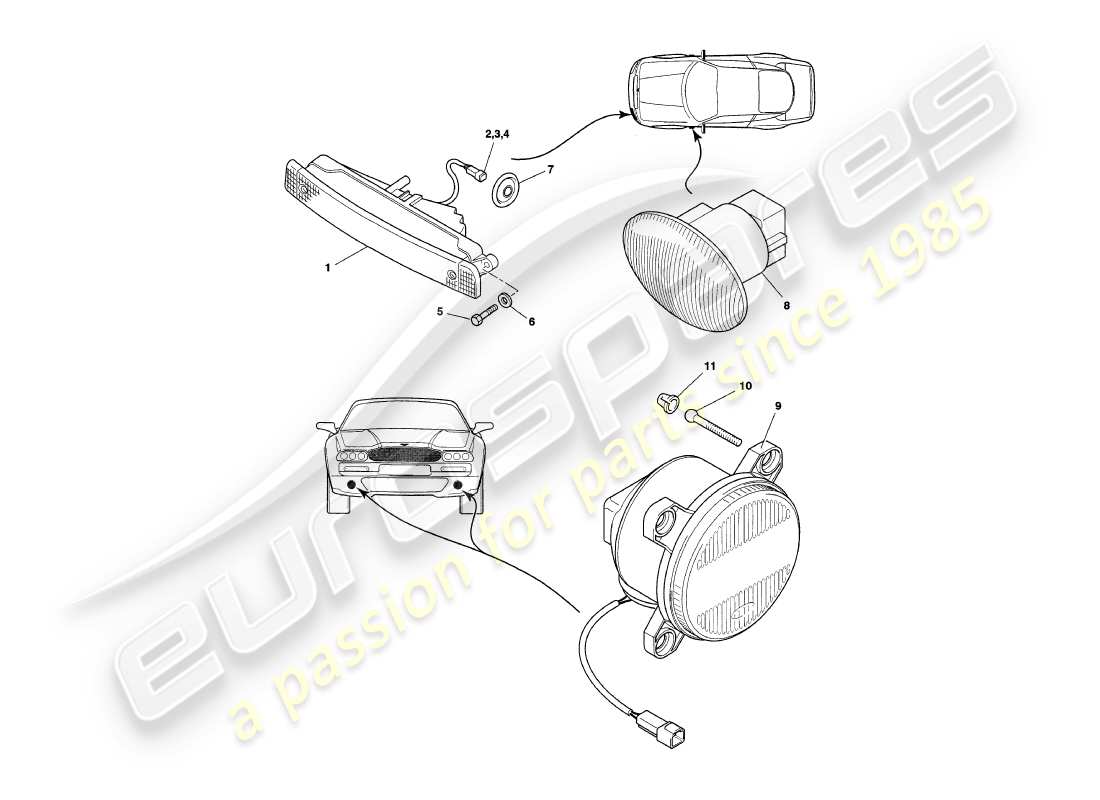 aston martin v8 coupe (2000) diagramma delle parti delle lampade esterne