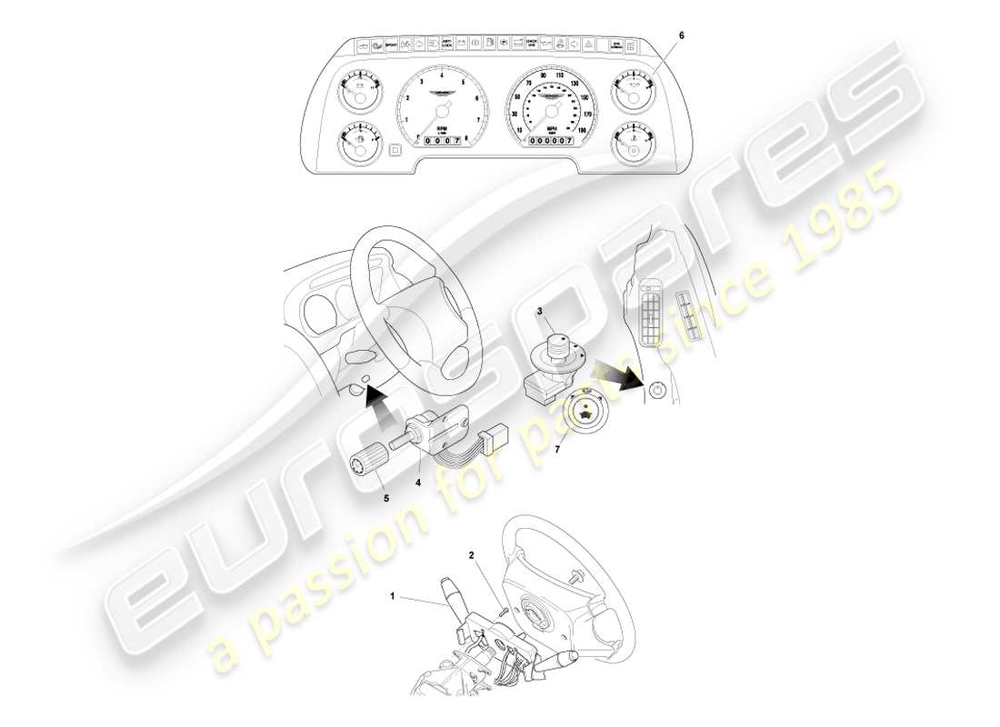 aston martin db7 vantage (2003) diagramma delle parti di strumenti e controlli