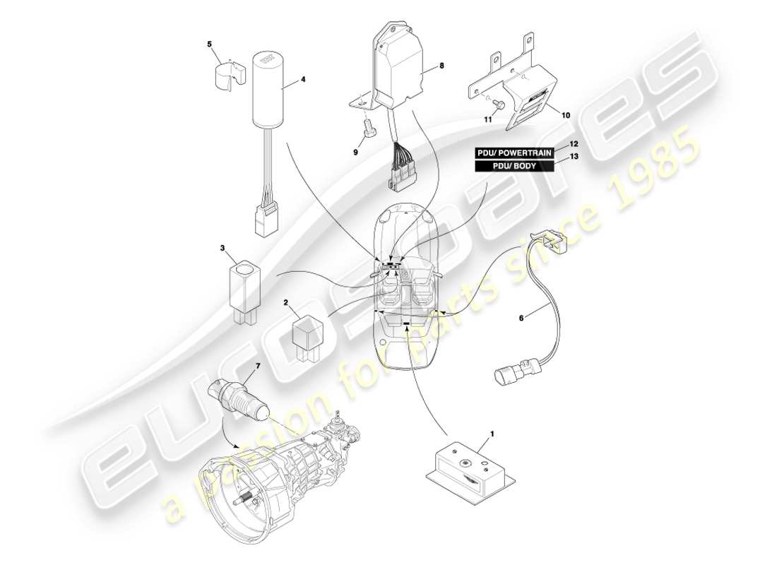aston martin db7 vantage (2003) diagramma delle parti dei componenti montati centralmente