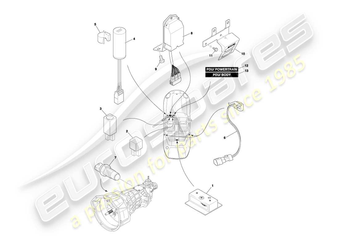 aston martin db7 vantage (2000) diagramma delle parti dei componenti montati centralmente