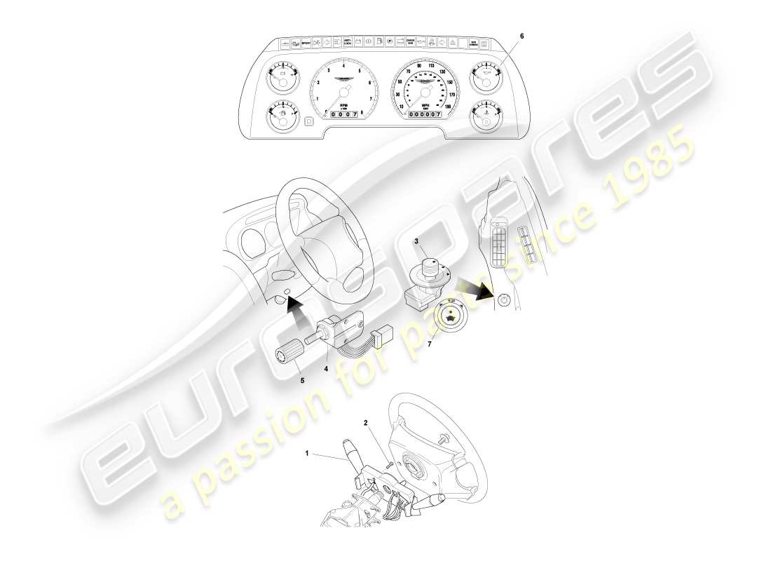 aston martin db7 vantage (2000) diagramma delle parti di strumenti e controlli