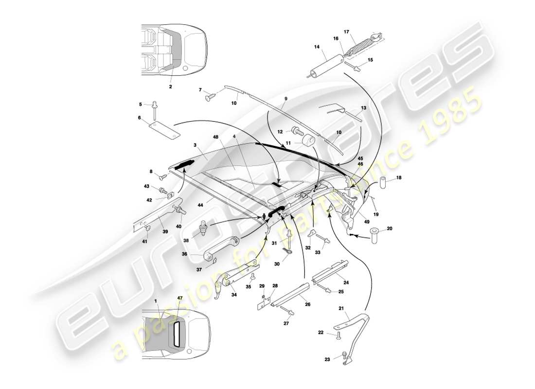 aston martin db7 vantage (2001) schema delle parti del tetto volante e del rivestimento superiore