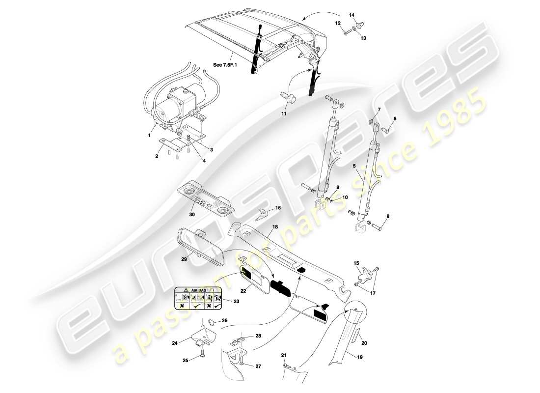 aston martin db7 vantage (2000) schema delle parti del tetto volante e del rivestimento superiore