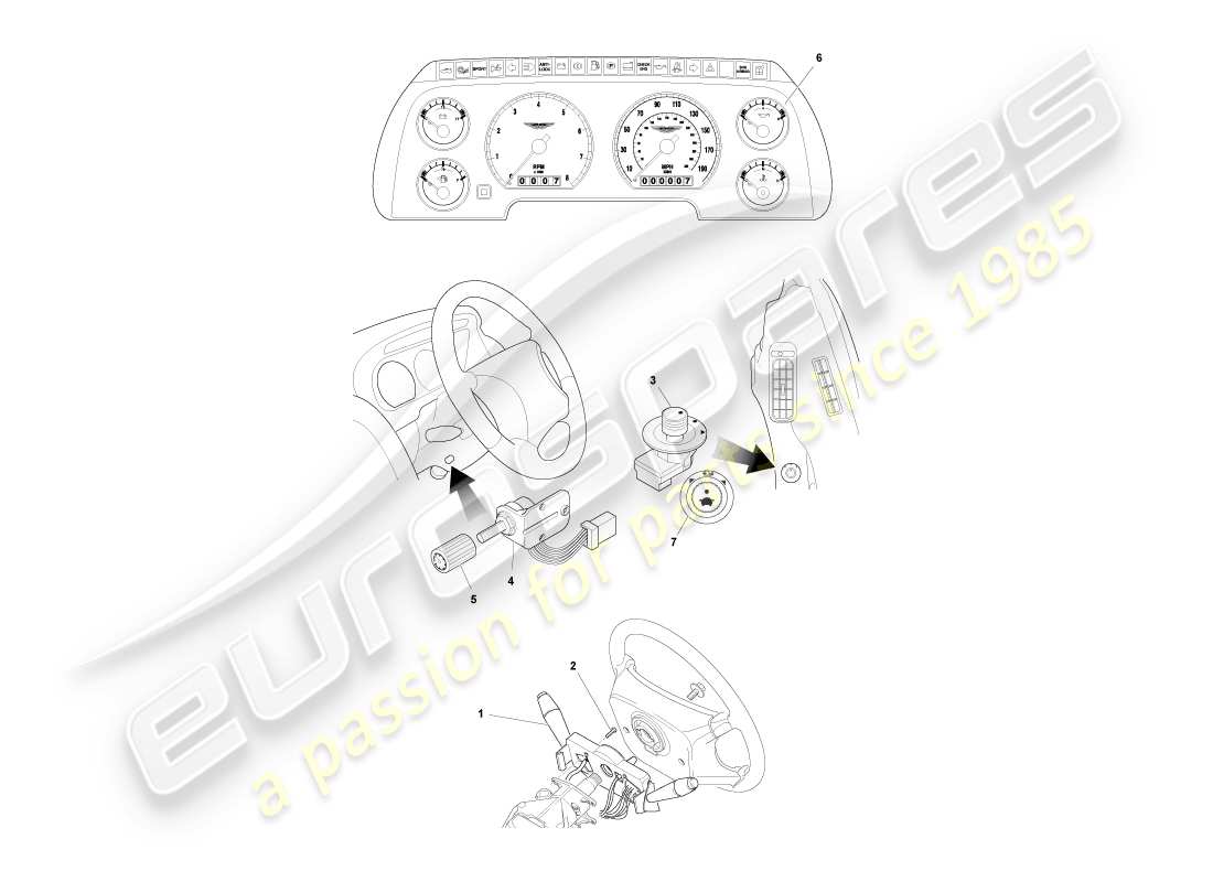 aston martin db7 vantage (2004) diagramma delle parti di strumenti e controlli