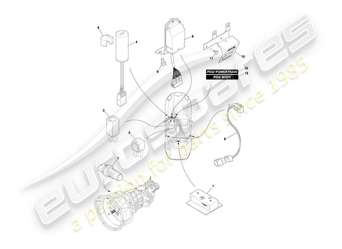 aston martin db7 vantage (2004) diagramma delle parti dei componenti montati centralmente
