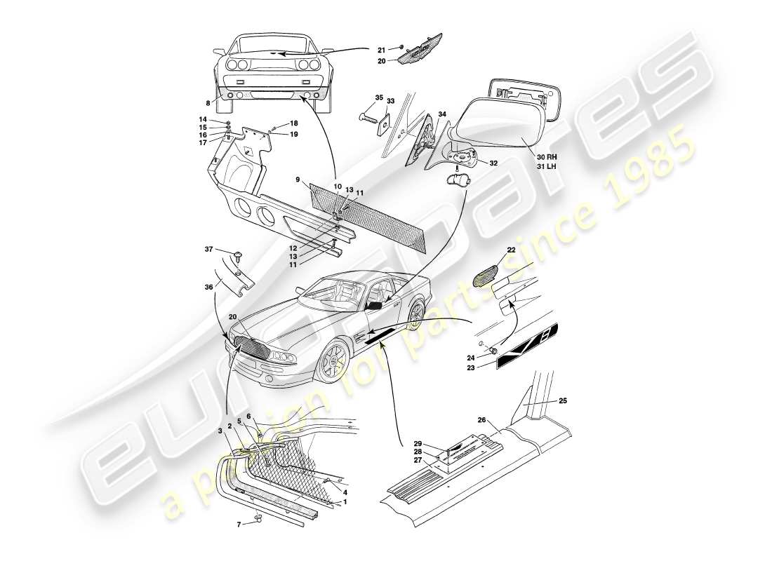 aston martin v8 coupe (2000) diagramma delle parti dei raccordi del corpo