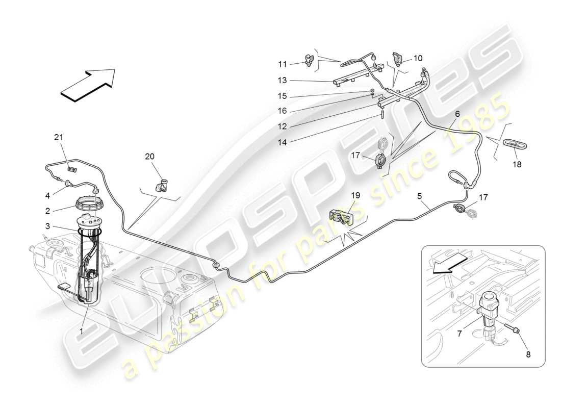 maserati granturismo (2008) diagramma delle parti delle pompe del carburante e delle linee di collegamento