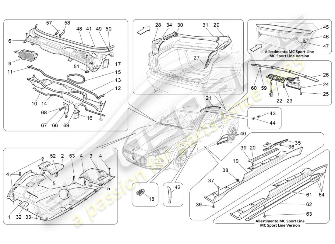 maserati granturismo (2009) schermatura, profili e pannelli di copertura diagramma delle parti