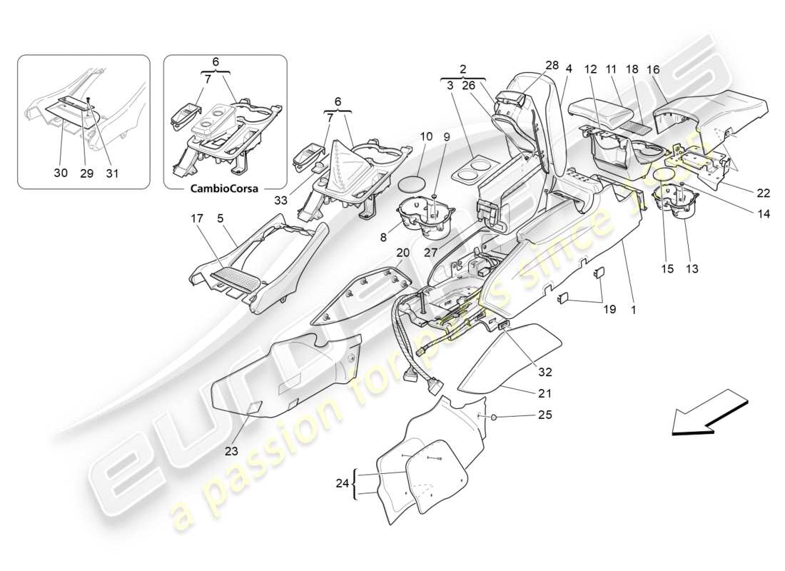 maserati granturismo s (2017) schema delle parti della console accessoria e della console centrale