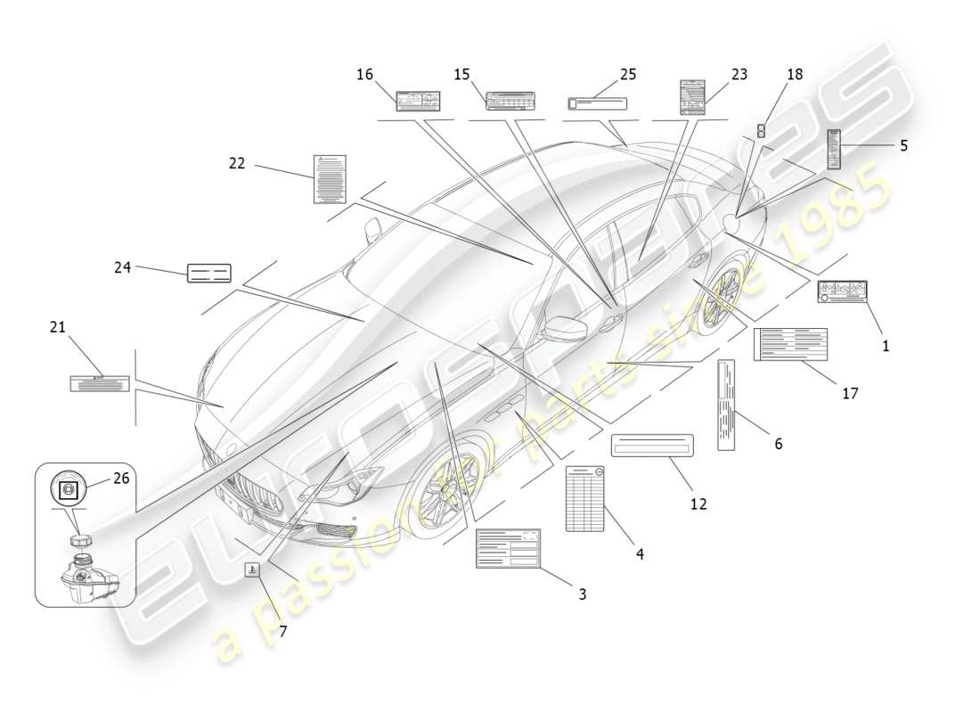 maserati qtp 3.0 bt v6 410hp (2014) diagramma delle parti di adesivi ed etichette