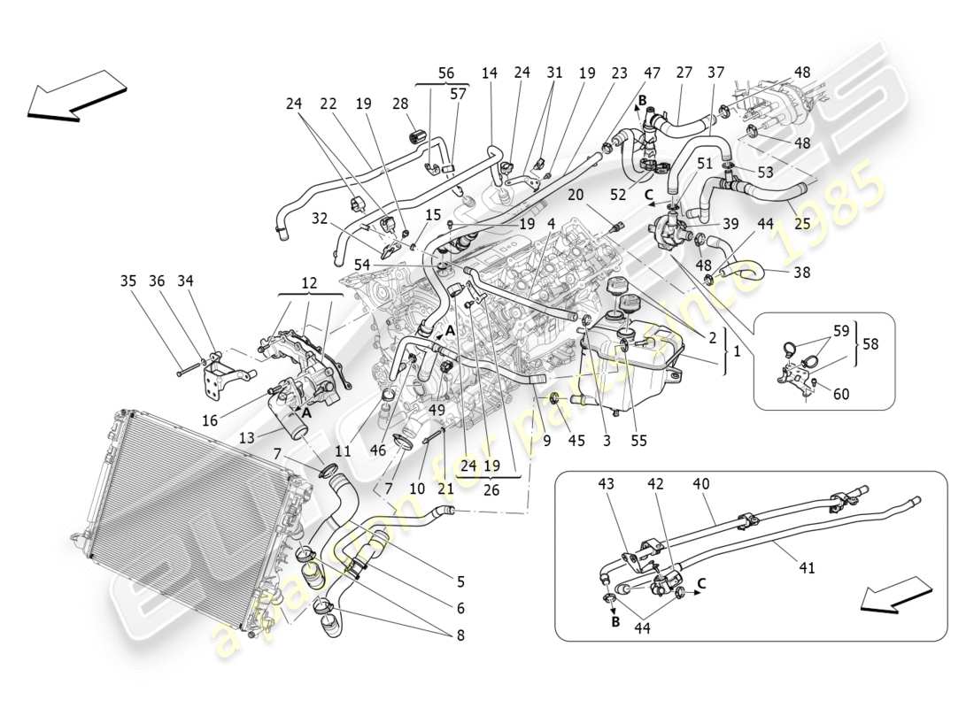 maserati qtp 3.0 bt v6 410hp (2014) sistema di raffreddamento: diagramma delle parti di nourice e linee