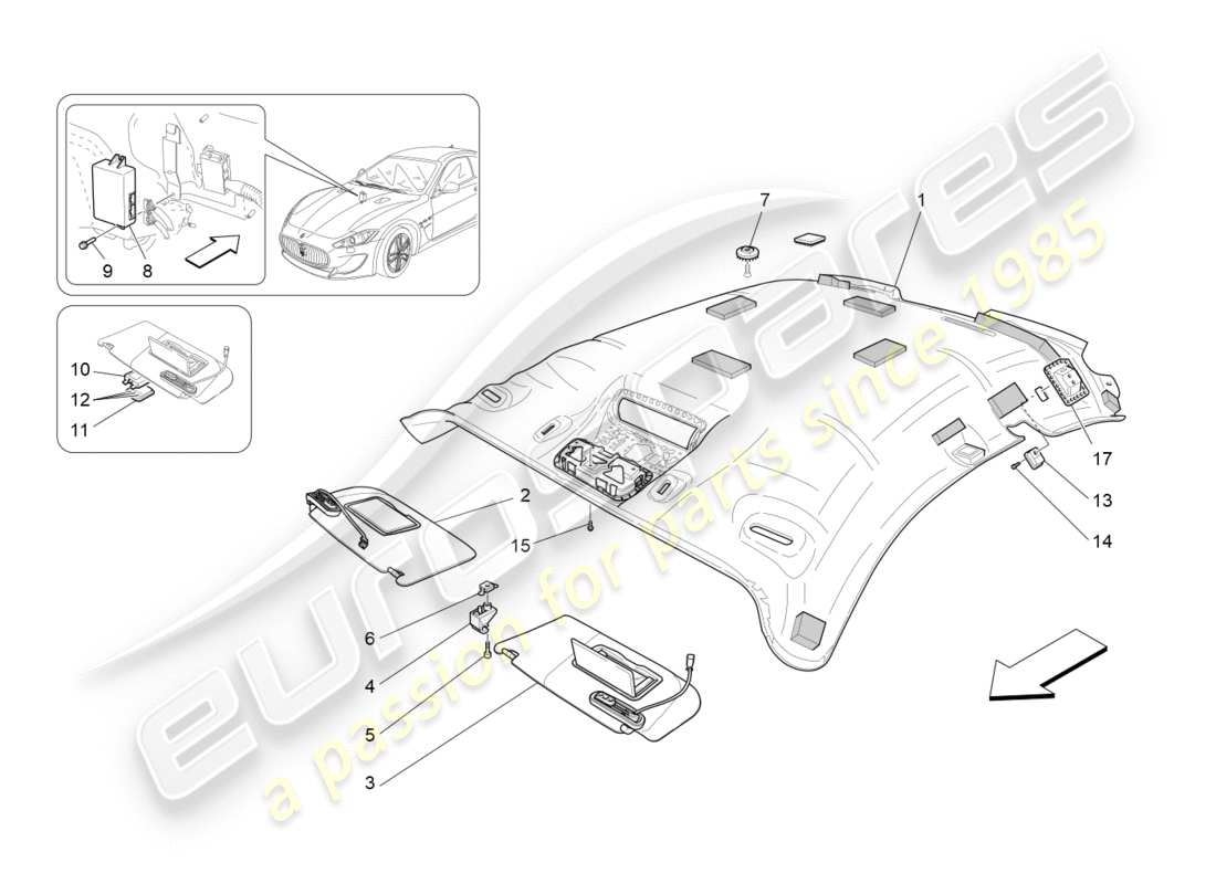 maserati granturismo s (2017) diagramma delle parti del tetto e delle alette parasole