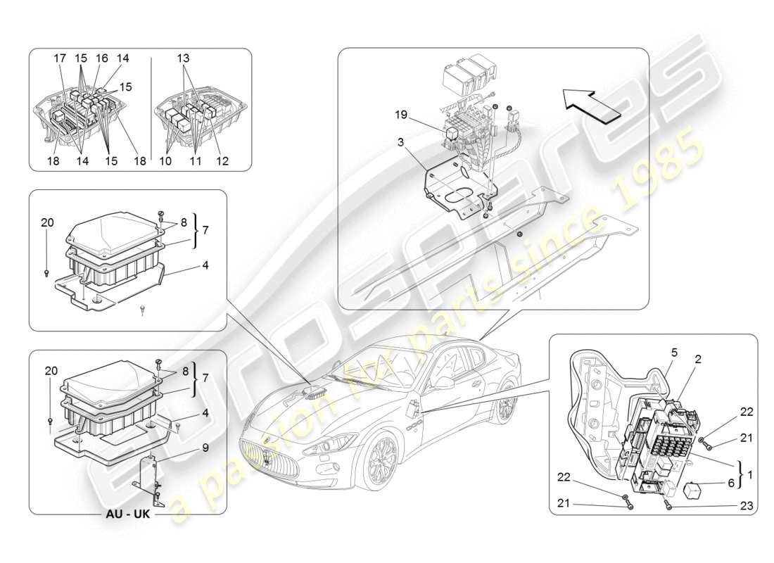 maserati granturismo (2008) schema delle parti di relè, fusibili e scatole